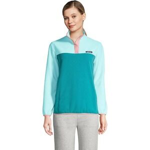 Lands End Colorblock Fleece Snap Neck Pullover Top Teal Aqua Pink M 10 12